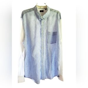 Faconnable Men's Blue Striped Button-Down Shirt Size XXL 100% Linen